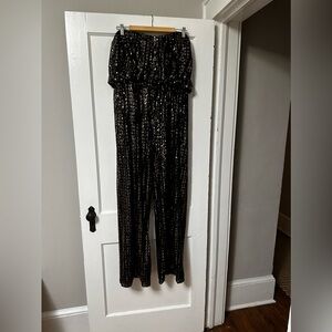 HALSTON Gold Strapless Sequin Jumpsuit - Size 12